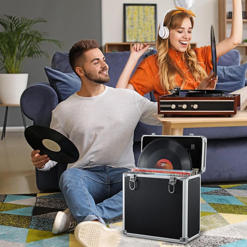 Hododou Vinyl Record Storage Case LP Album Collection Display Box Aluminium Water Resistant Vinyl Record Organizer Storage Holds 30+ Valuable Records 7/10/12 Inch Collapsible Storage Crate with Mesh Bag Black - Image 2